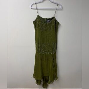 Marsoni Vintage Spaghetti Strap Beaded Midi Green Silk  Fairycore Dress Size 16